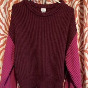 Cranberry with Pink Sherbert sleeved sweater, cotton Blend Size Lg.